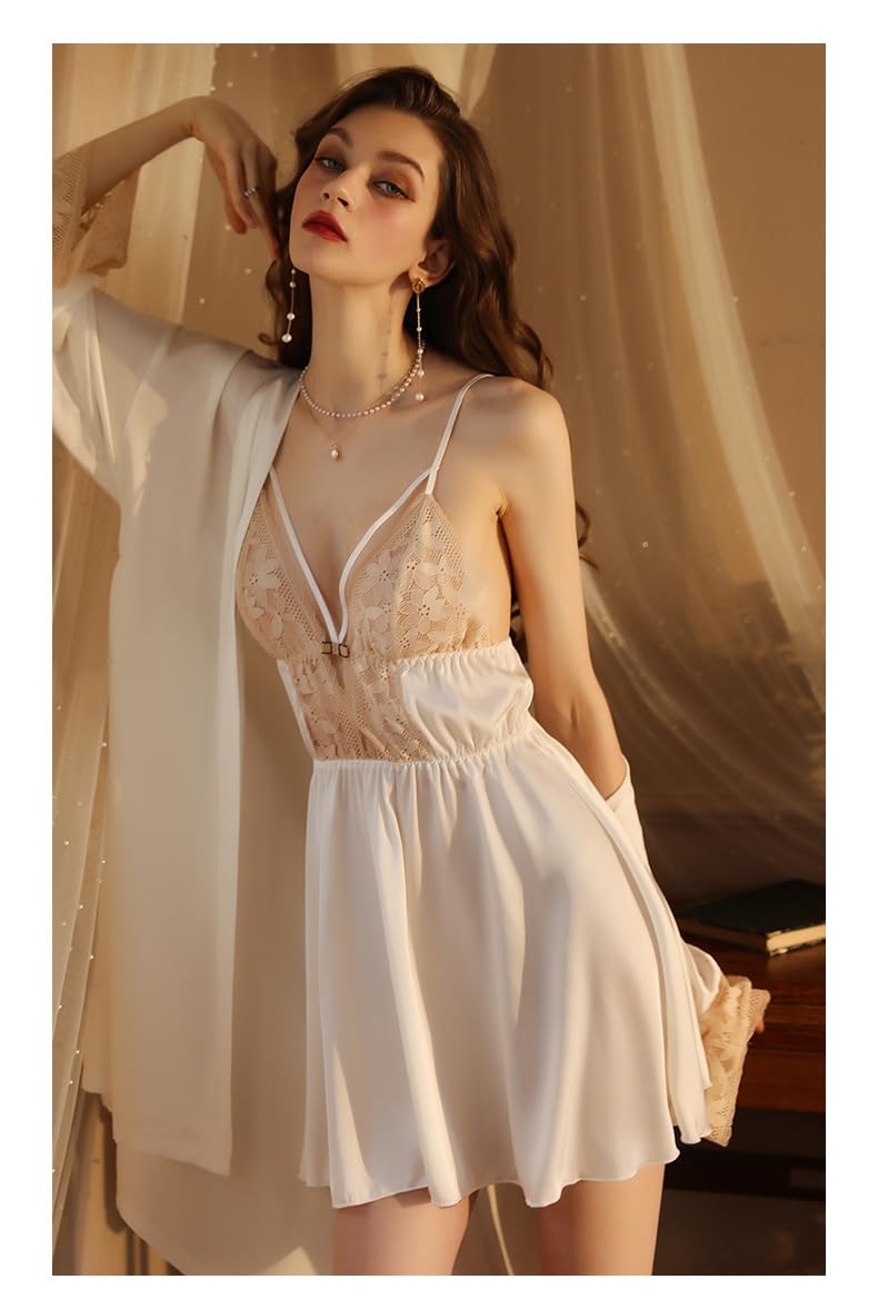 Robe De Chambre Ensemble Nuisette/Robe De Chambre Sexy en Satin Et Dentelle pour Femme