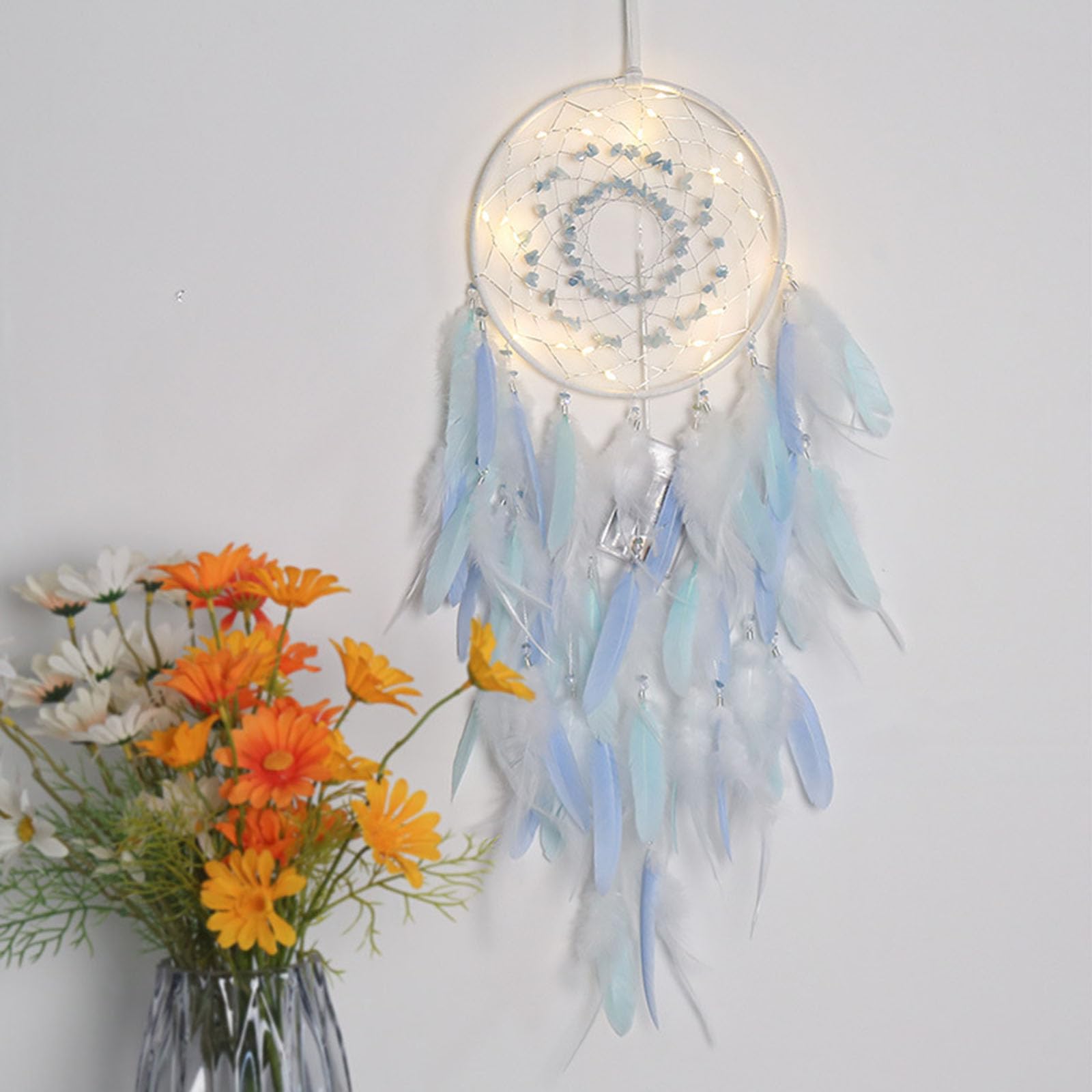 Traumfänger, Feder-Traumfänger for Schlafzimmer, Kinderzimmer, Wanddekoration, Auto-Hängeanhänger, Ornament mit LED-Licht, Traumfänger, hängende Traumfänger
