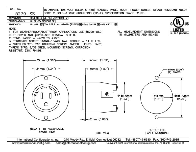 NEMA 5-15 Flanged Outlet. 15 Amp 125 Volt, Panel Mount, Impact Resistant Body, c(UL) us Approved. UL File #E474924. White. (Single Count)