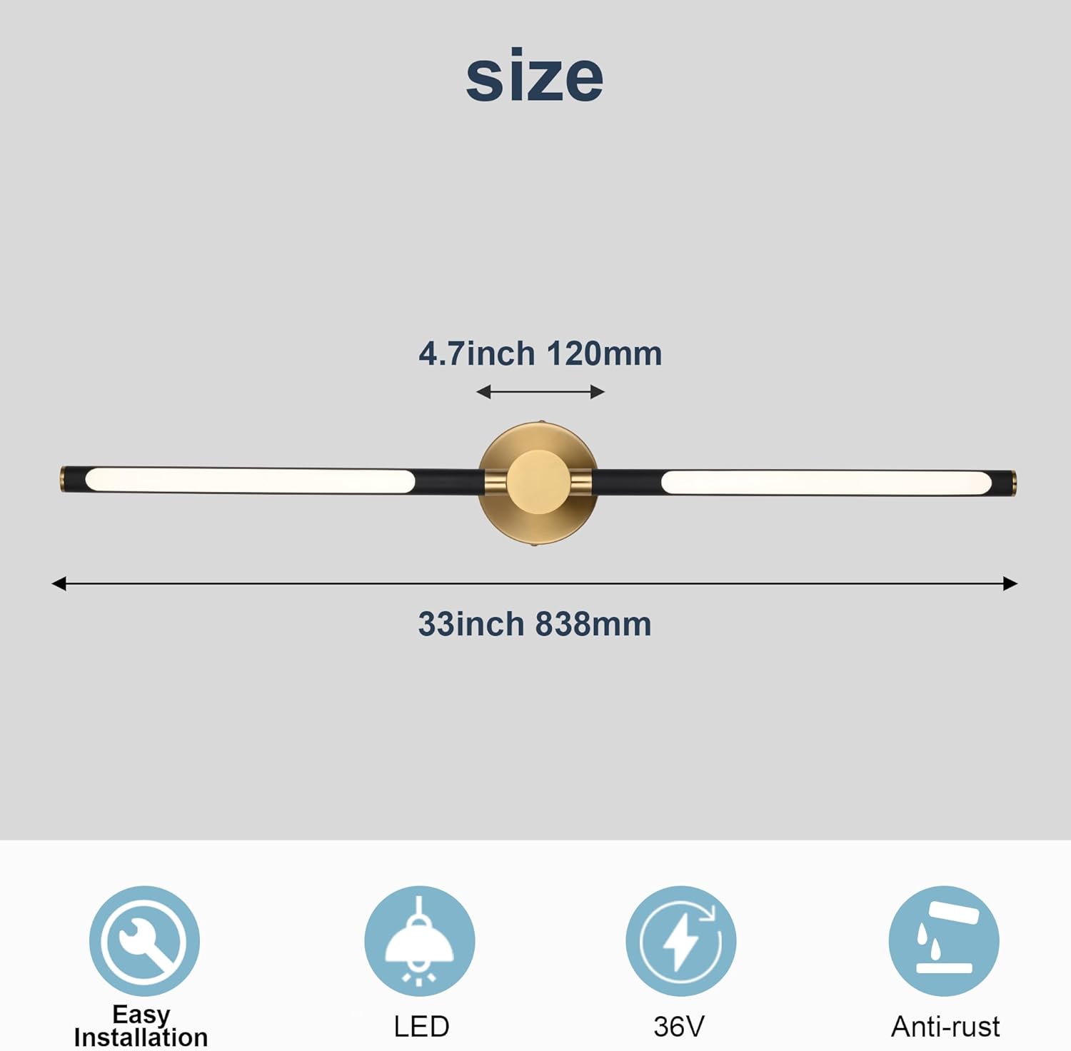 33 Inch Bathroom Vanity Light Fixture Black and Brushed Brass Wall Sconce Lighting Gold Wall Lights 2700K-5500K Dimmable LED Vanity Light Picture Lamp for Kitchen Living Room Bedroom Porch