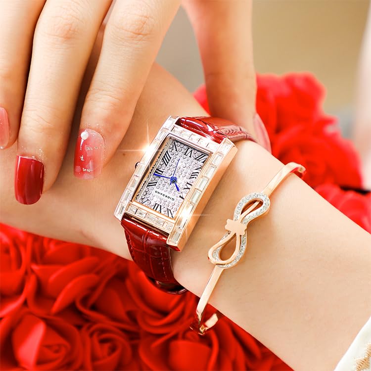 Image of Giordano Analog Quartz Watch for Women with Rectangular Dial, Crystal Studded Bezel, Roman Indices and Sparkling Dial, Leather & Stainless Steel Strap - GZ-60119
