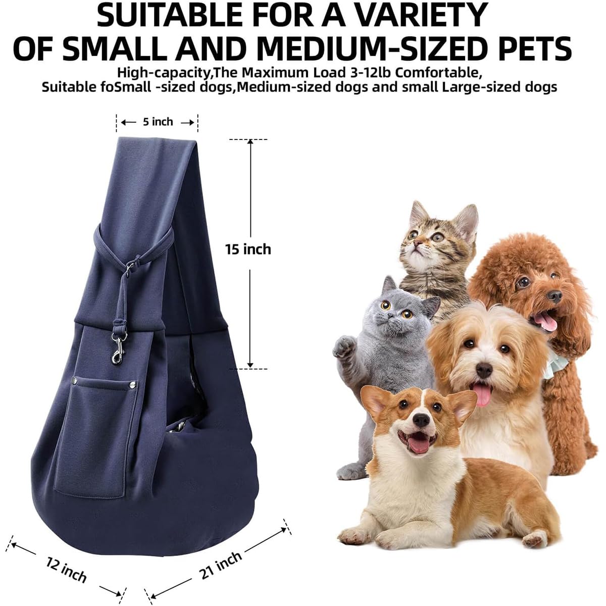 YISIMIN Puppy Carrier Sling, Reversible Dog Sling Carrier for Small & Medium Dog Cat, Hand-Free Dog Sling Carrier with Pocket - Image 3
