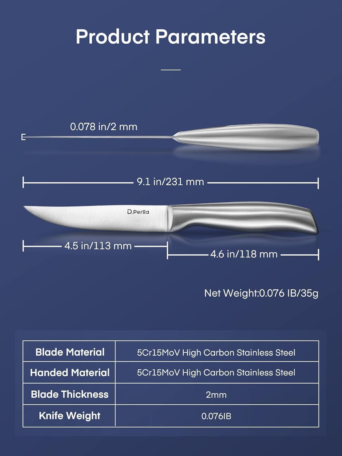 D.Perlla Steak Knives Non-serrated Sharp Straight Edge Steak Knife Set of 6, Professional Straight Edge Kitchen Table Dinner Knives, Elegant High Carbon Stainless Steel Kitchen Steak Knife Set, 4.5IN