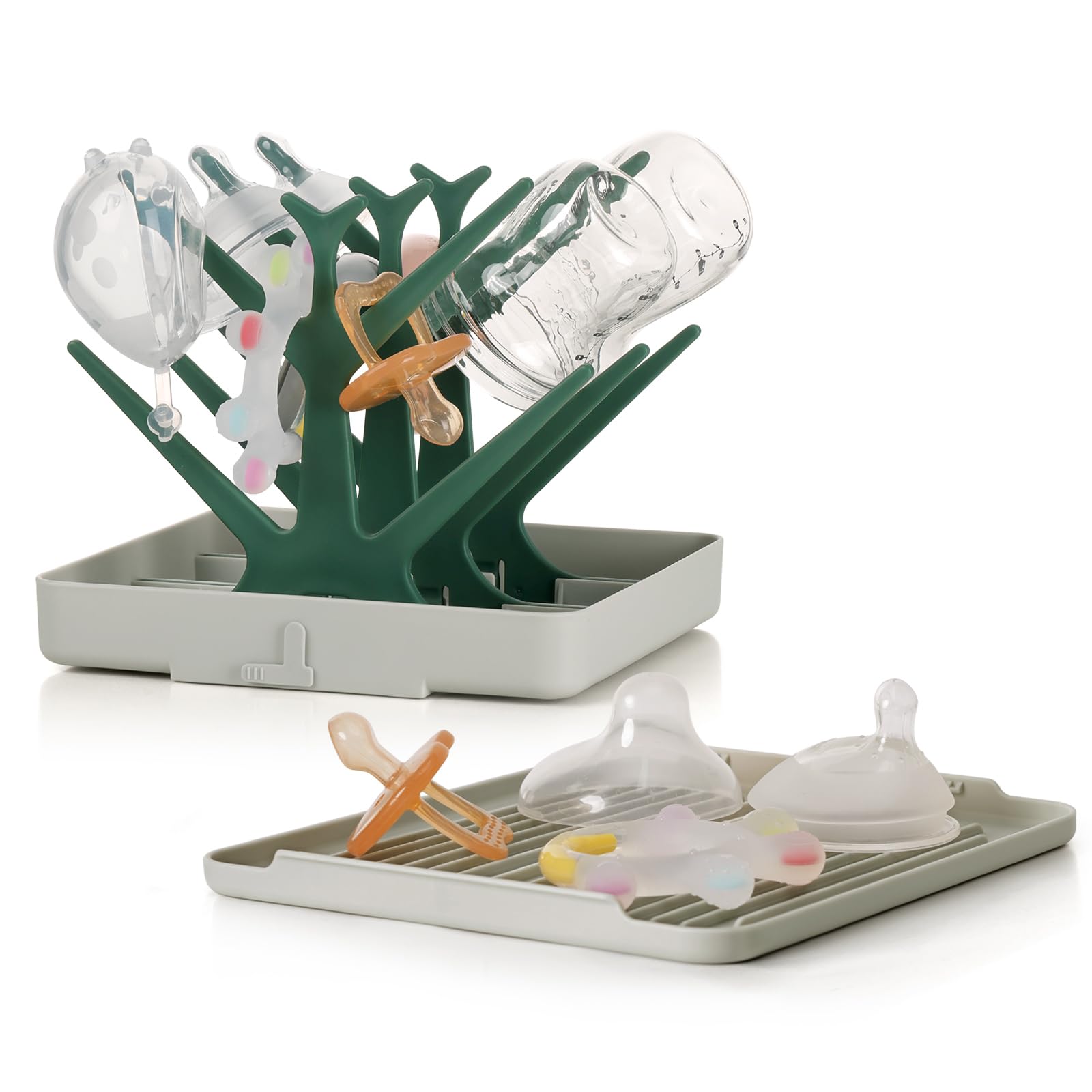 haakaa Portable Baby Bottle Drying Rack with Tray,Foldable Space Saving Bottle Drying Tree for Bottles/Pump Parts/Pacifiers,Easy-Store Dryer Rack Great for Travel &amp; Home, BPA Free (Green)