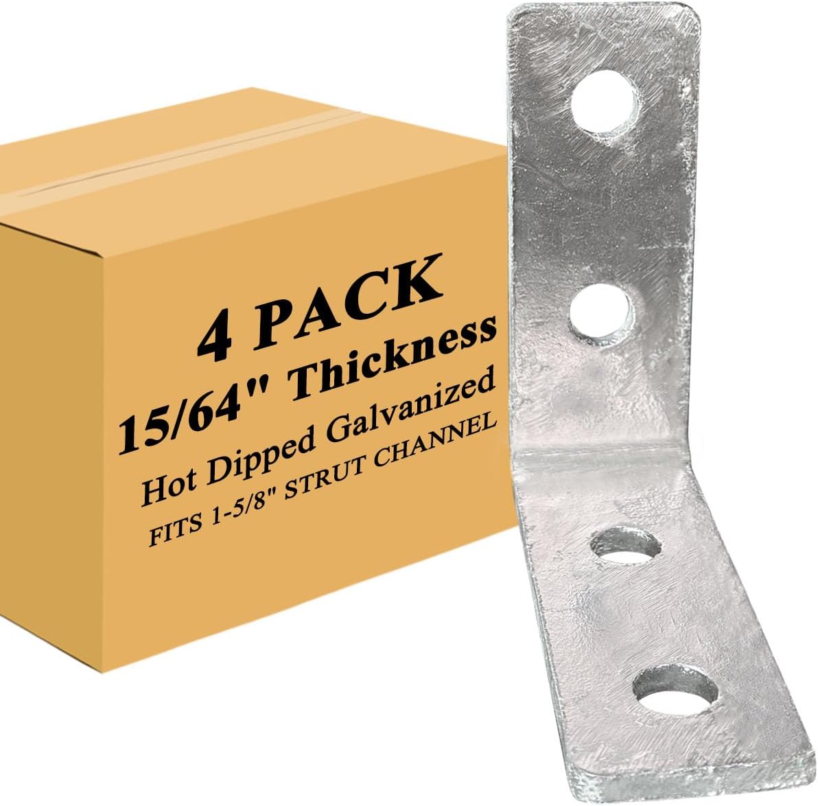 4 Pack 1-5/8" Strut Channel 4-Hole L Bracket, Hot-Dipped Galvanized 90 Degree Angle Connector, 15/64" (6mm) Thickness Heavy Duty Steel for Seismic Bracing & Shelving