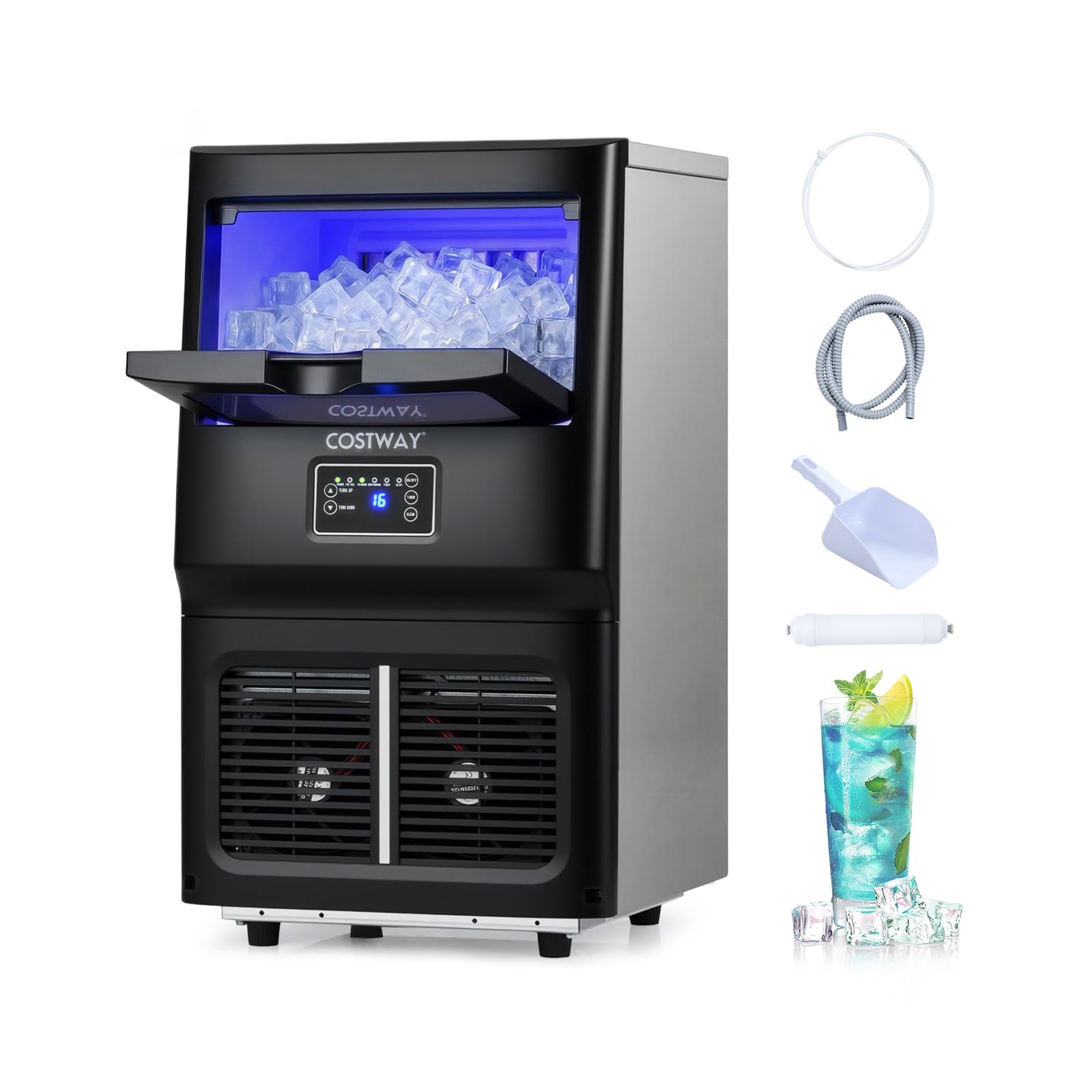 COSTWAY kommerzielle Eiswürfelmaschine 25-30 kg/24 h, gewerblicher Eismaschine aus Edelstahl mit Selbstreinigung, Wasserfilter, Eiswürfelbereiter freistehend/Untertheken für Zuhause, Bar, Restaurant