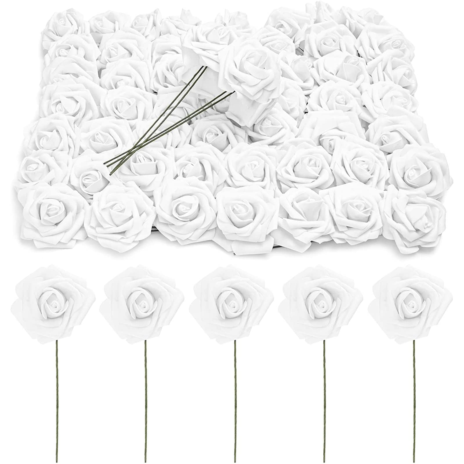 Têtes de roses artificielles blanches x60 avec tiges de 7,6 cm pour déco