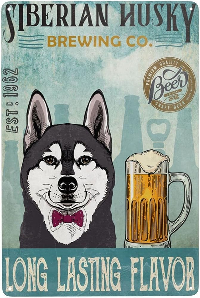 rayprint Funny Tin Metal Signs Siberian husky brewing company long lasting flavor Vintage Sign Retro Tin Signs Vintage Metal Tin Sign For Bar Home Wall Metal Decoration 8×12Inch