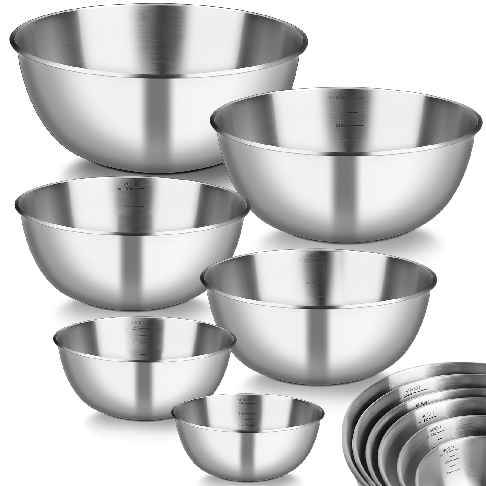 Lot de 6 saladiers en acier inoxydable, 6 tailles de bols de 0,7 L à 4,5 L, saladiers passant au lave-vaisselle, bols à snacks et bols