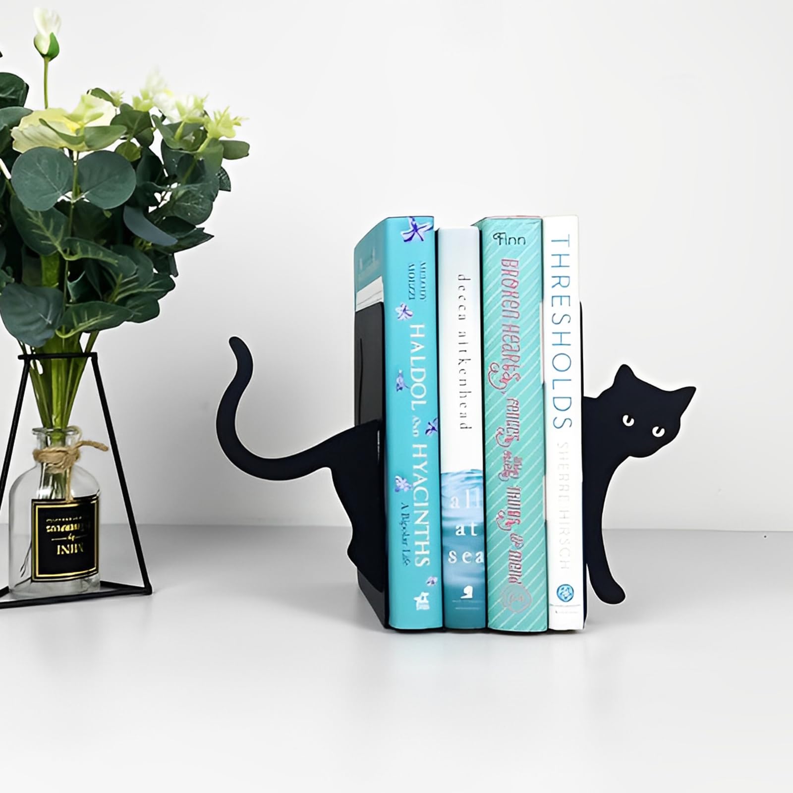Reggilibri in Metallo, 2 Pezzi, Supporto per Libri della Gatta Nera, Fermalibri Decorativi