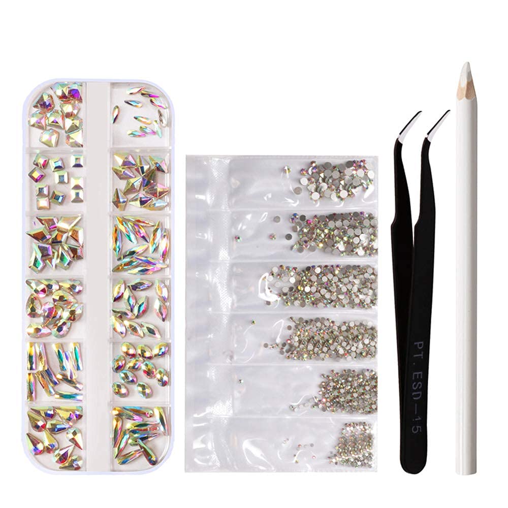 1 Set Multi Size Glass Nail Rhinestones Flat-back AB Crystal Gems Pencil Pen 3D Decorations for DIY Manicure Nail Art Decorations with Tweezers Set