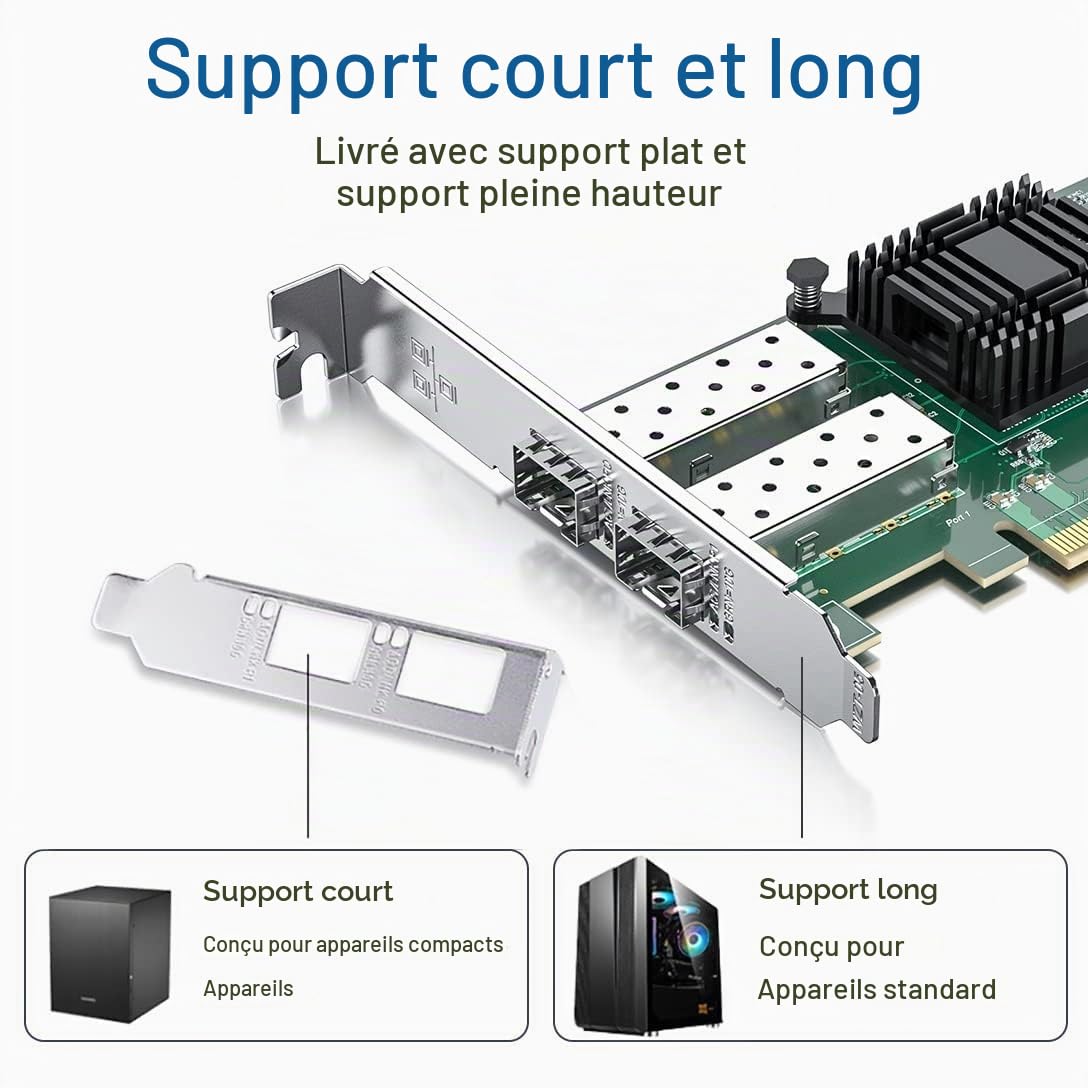 H!Fiber.com Carte réseau Ethernet 10G, 2 Ports SFP+ NIC, 10GbE CNA, Spec équivalent à X520-DA2, avec contrôleur Intel 82599ES, supportant Windows Server/Linux/VMware (Pas de Support Mac)