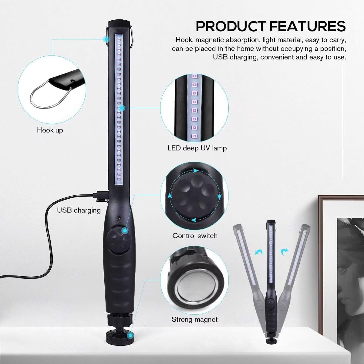 ZKX UV Desinfektions lampe Tragbar - UVC-Lampe mit USB-C Ladung, Keimtötende Lampe Haushalt, Hotel, Auto & Reise