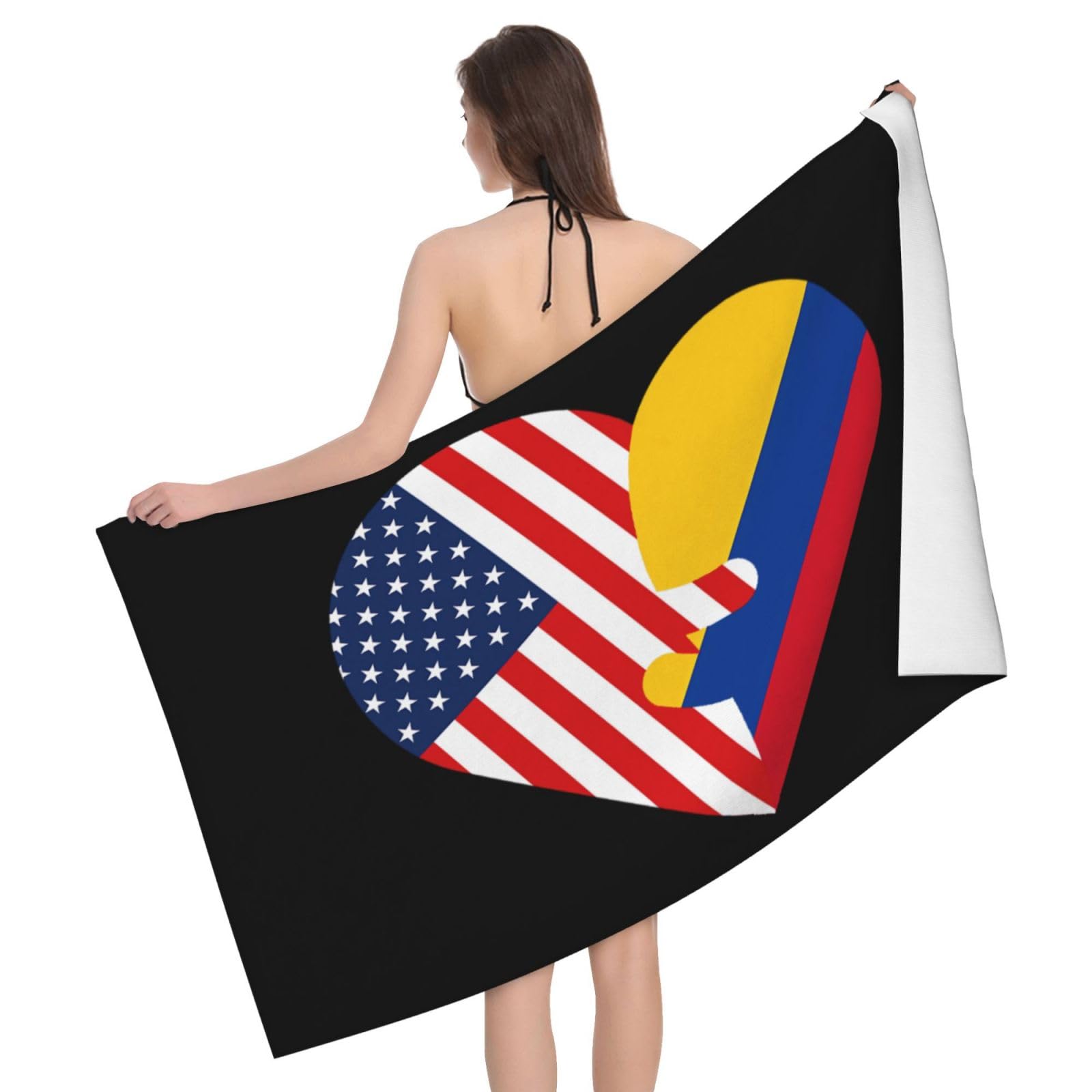HLBSDM Microfiber Hearts America USA and Colombia Flag Beach Towel Quick Dry Soft Sand Free Beach Towels for Pool Swim Beach Lightweight Thin Towels