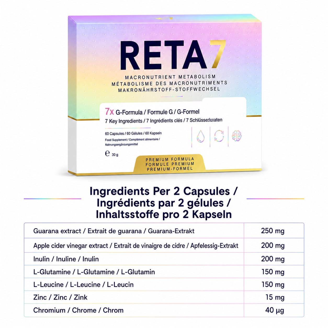 RETA7 G-Formula Nahrungsergänzungsmittel, 60 Kapseln, 3-fach Kapsel-Formel mit Guarana, Apfelessig-Extrakt, Inulin, Aminosäuren, Zink und Chrom