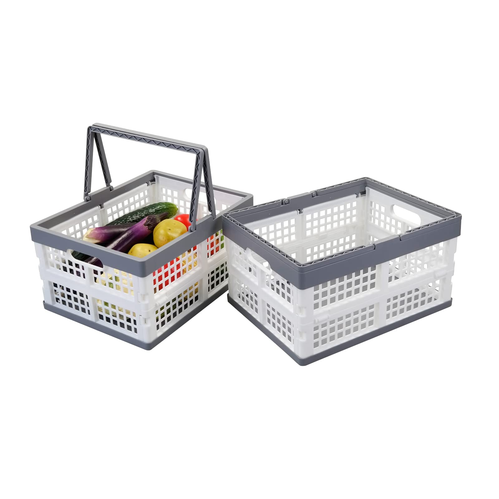16 Quart Plastic Collapsible Crate with Handle, Folding Shopping Storage Basket, 2 Packs, F