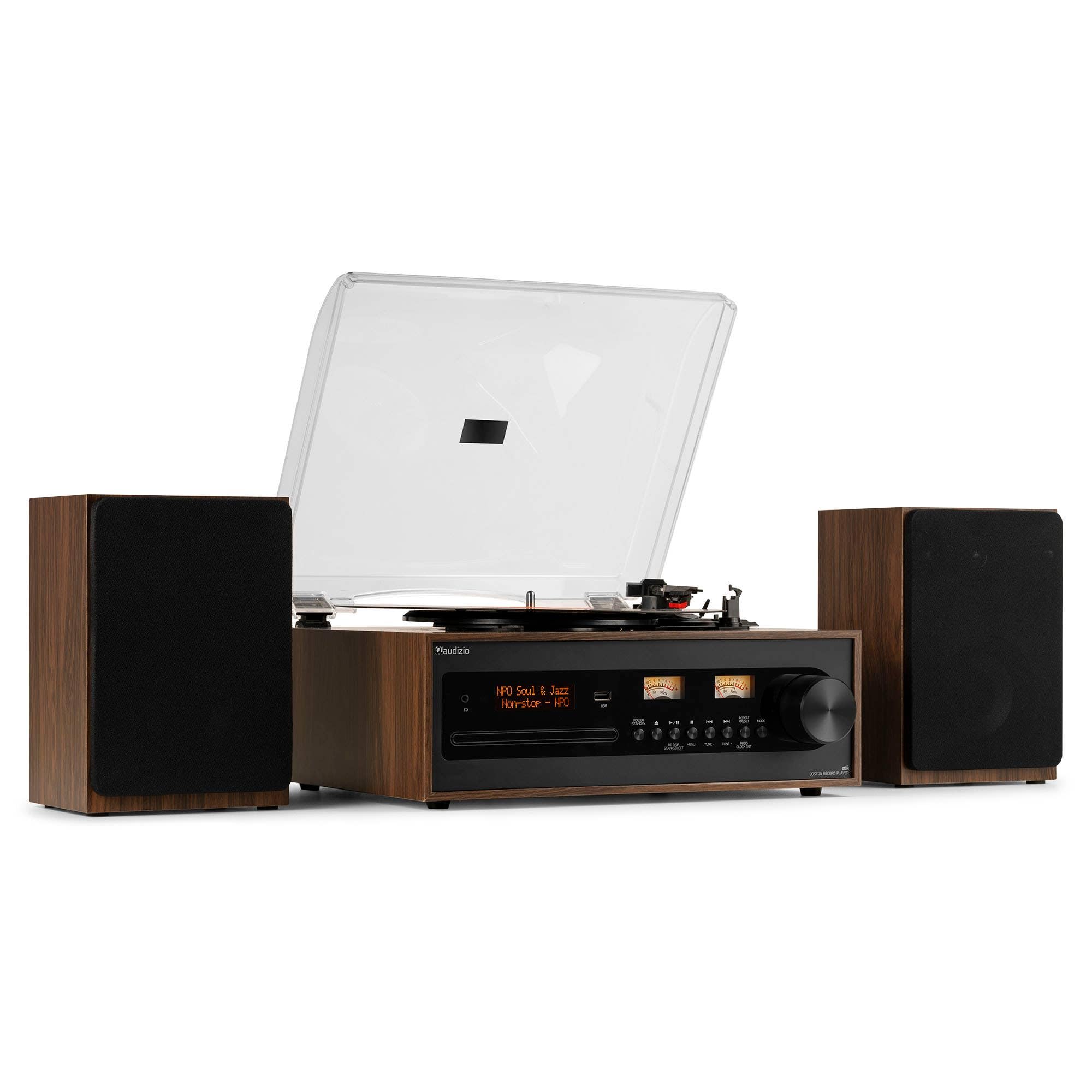 Audizio Boston Retro HiFi Giradischi Bluetooth CD MP3 USB, Radio Dab+, Altoparlanti Stereo, Ingresso AUX, Uscita Cuffie, 3 velocità, Telecomando e Vummetri illuminati