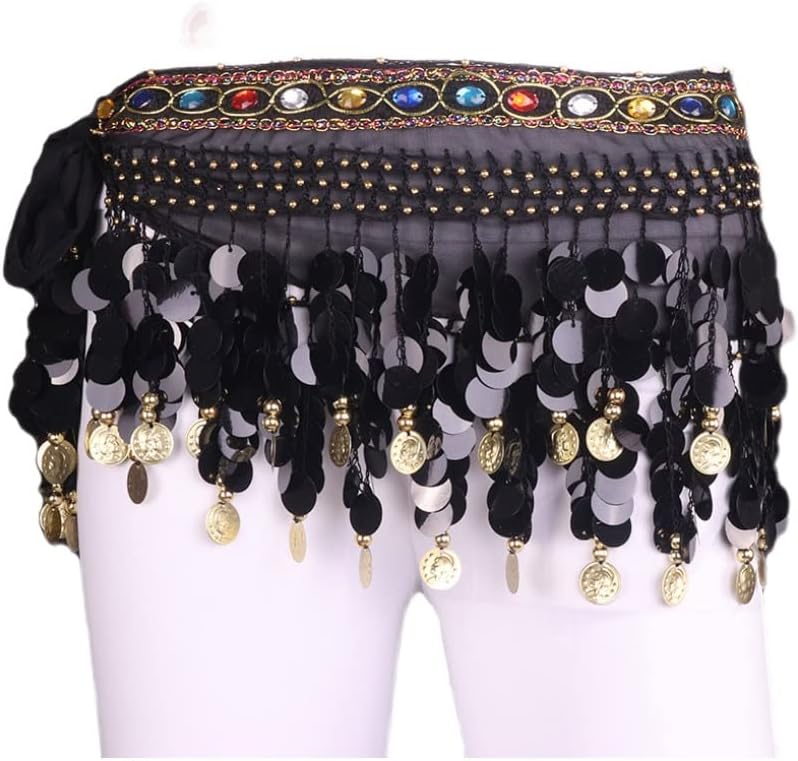 Wuchieal Women's Belly Dance Hip Scarf, Sweet Belly Dance Skirt Wrap Performance Bling Sequins Coins, Belly Dance Costume - Image 2