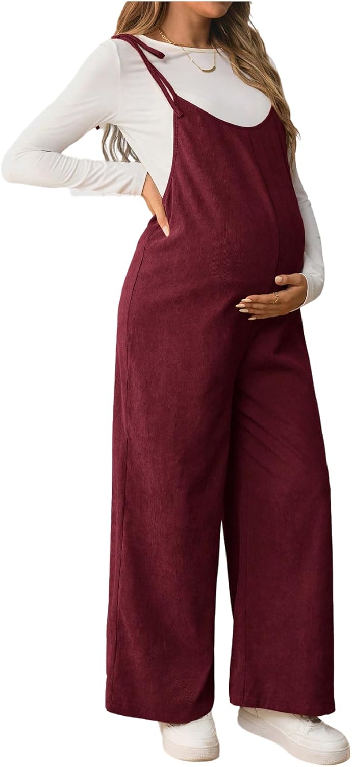 OYOANGLE Women's Maternity Wide Leg Overalls U Neck Spaghetti Strap Pregnancy Jumpsuits