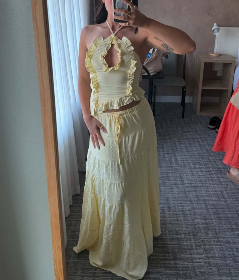 Y2k Ruffle Long Skirt Sets for Women 2 Piece Outfits Summer Ruched Backless Cami Top Matching Boho Maxi Skirt Set - Image 3