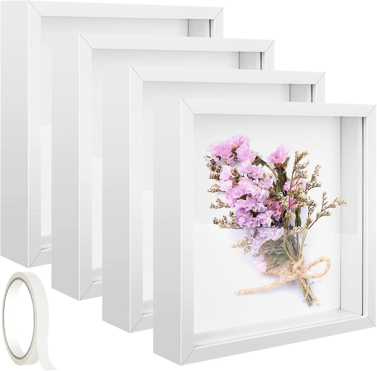4 Pack 8 x 8in Shadow Box Picture Frame 3D Frames Shadow Box Square Acrylic Shadow Boxes Display Cases with Adhesive Tape for Baby Items Wedding Valentines Day Memories Crafts Awards Medals and Photos