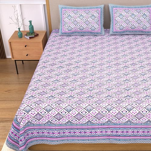 Image of India 100% Pure Cotton Jaipuri Printed Double Bedsheet with 2 Pillow Covers | Traditional Sanganeri Floral Design | Soft Breathable Fabric | King Size Bedsheet for Bedroom (Kaya39)