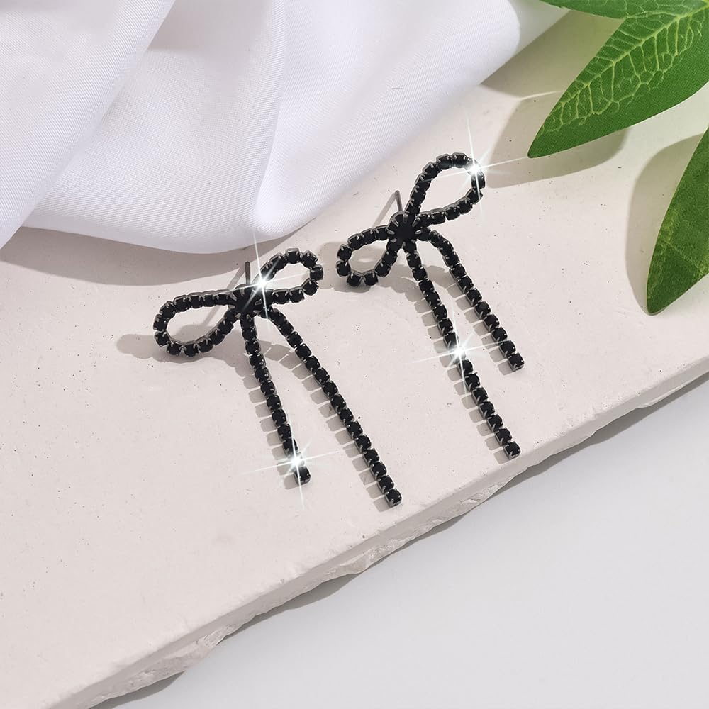 Sparkly Rhinestone Bow Dangling Earrings for Women Colourful Crystal Bowknot Chandelier Tassel Earrings Shiny Formal Earrings Bridal Wedding Accessory - Image 6