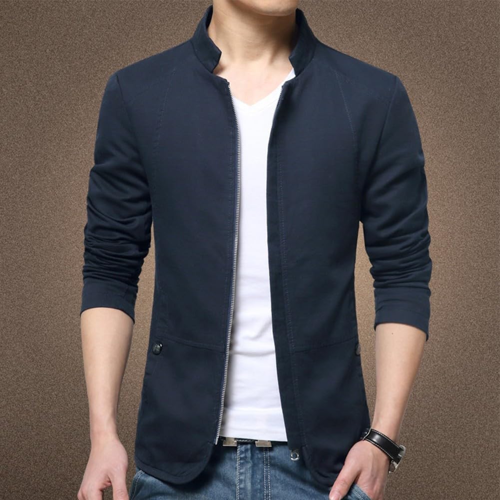 Chaqueta de traje formal con cremallera para negocios, con cuello, chaqueta casual para hombre (talla L, azul marino)