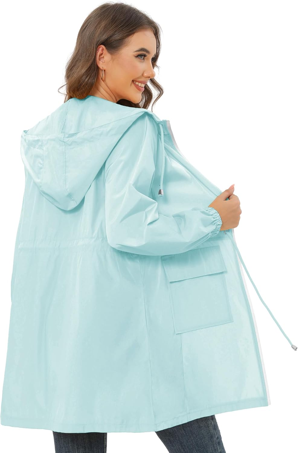 Women's Waterproof Rain Jacket with Hood Lightweight Packable Long Raincoat Windbreaker for Outdoor Activities - Image 5