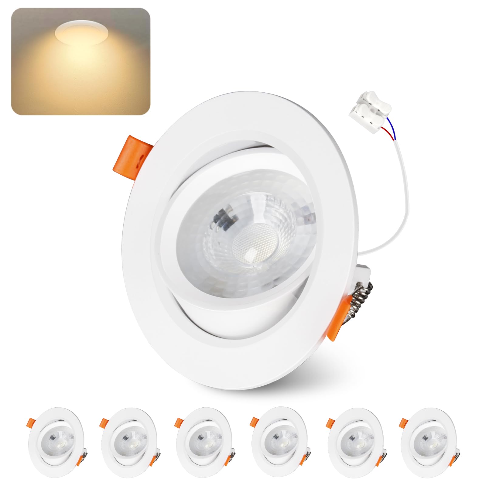 Spot LED Encastrable Orientable, 10W Trou Φ 90-100mm 3000K Warm White 400LM spots de Plafond, 30-60° Extra Plat Spot Salle de Bain IP44, Non Dimmable, Lot de 6