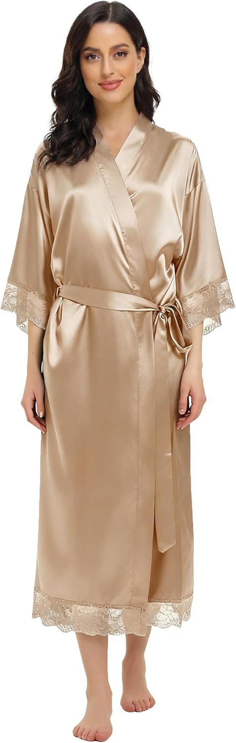 Women's Soft Long Satin Robes Long Silk Robes Full Length Robes Kimonos Silky Bath Robe Dressing Gowns