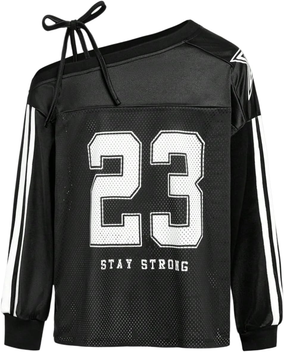 Verdusa Girl's Y2K Jersery Shirts Bow Tie Off The Shoulder Tops Number Athletic Pullover Sweatshirts