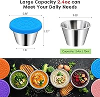 Vista 2 de Paquete de 6 recipientes de aderezo de ensalada de 2.4 onzas, pequeños recipientes de condimentos de acero inoxidable con tapas de silicona, a