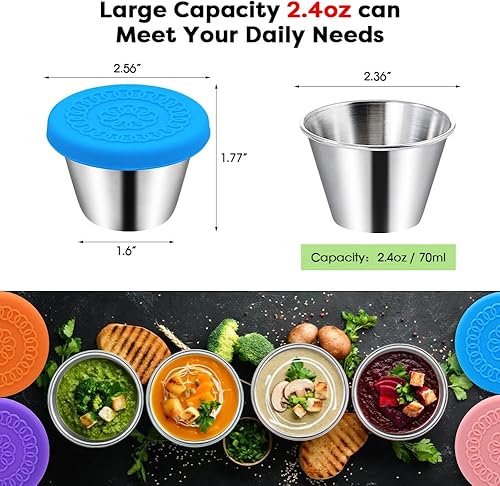 Miniatura 2 de Paquete de 6 recipientes de aderezo de ensalada de 2.4 onzas, pequeños recipientes de condimentos de acero inoxidable con tapas de silicona, a