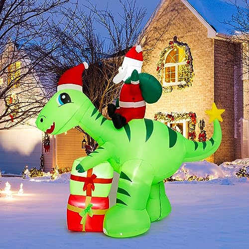 Tangkula 8 FT Lighted Christmas Inflatable Santa Claus Dinosaur Decoration with Gift Boxes, Built-in LED Lights, Sandbags, Stakes, Indoor Outdoor Blow-up Holiday Yard Lawn Garden Xmas Decoration