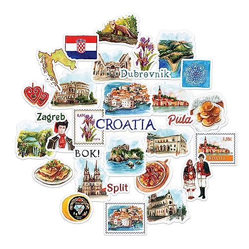 Navy Peony Autocollants de voyage captivants Croatie (31 pièces) – Aquarelle, imperméable, thème campagne | Décalques de vacances emblématiques pour journaux, scrapbooking, bouteilles d'eau, valises