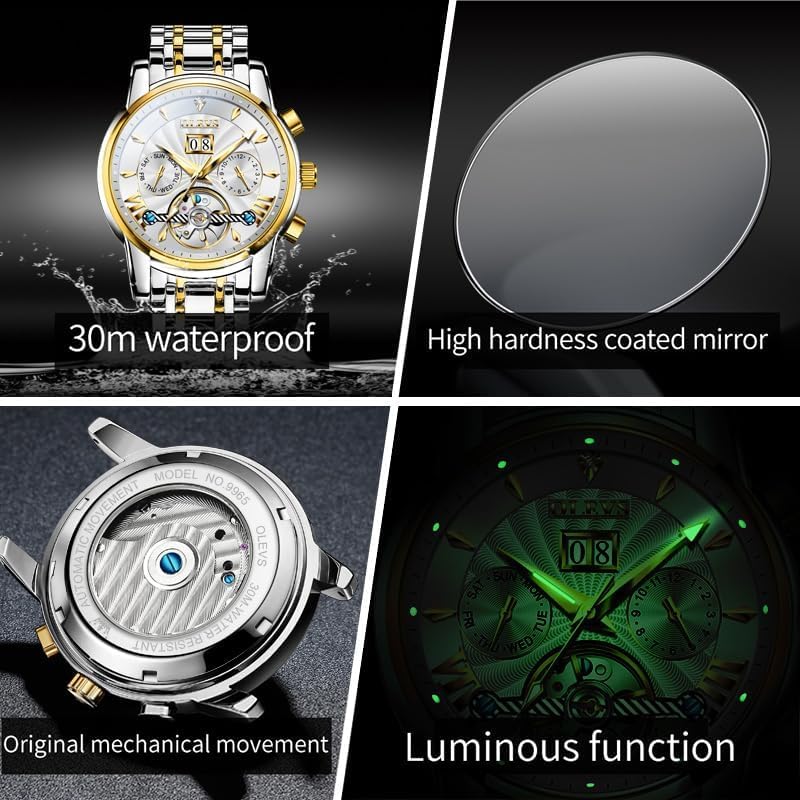 OLEVS Men Automatic Watch Stainless Steel Skeleton Mechanical Date Calendar Luxury Classic Business Waterproof Luminous Wrist Watches - Image 6