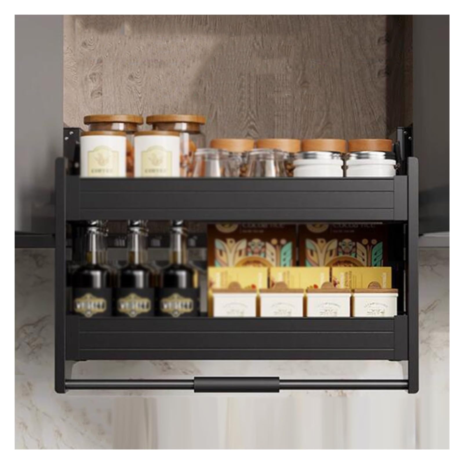 XLTFUC Pull-Down Cabinet Organizer, 2 Layer Kitchen Cabinet Pull-Down Shelf, for Kitchen and Bathroom Cabinets 4 Load-Bearing Settings, Load-Bearing 15kg(61x28x54cm)