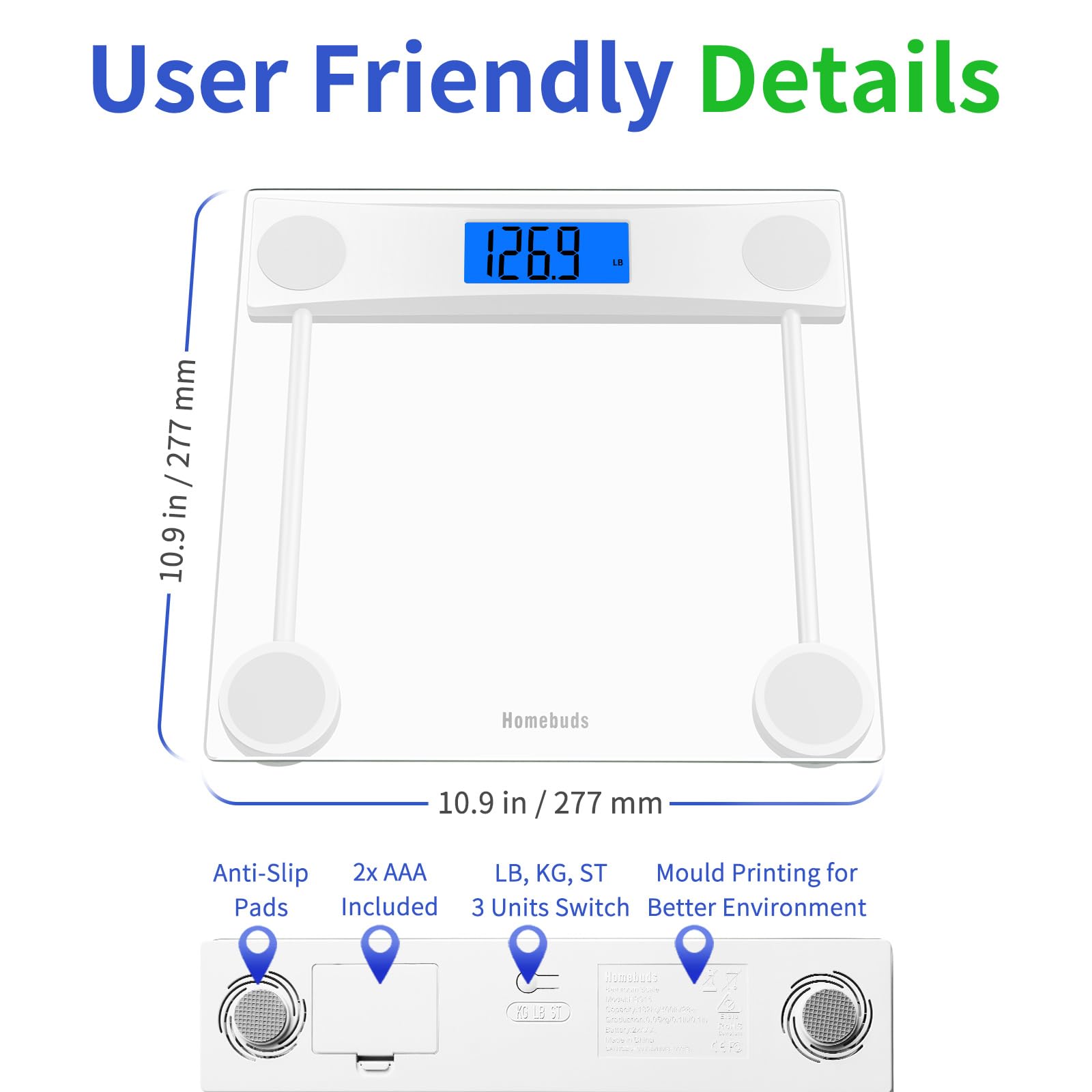 Homebuds Bilancia Pesapersone, Alta Precisione Assicurato dalla fabbrica professionale di Bilancia Pesapersone Digitale dal 2001, LCD retroilluminato blu e Step-On, 2*AAA, 182kg, Vetro Trasparente