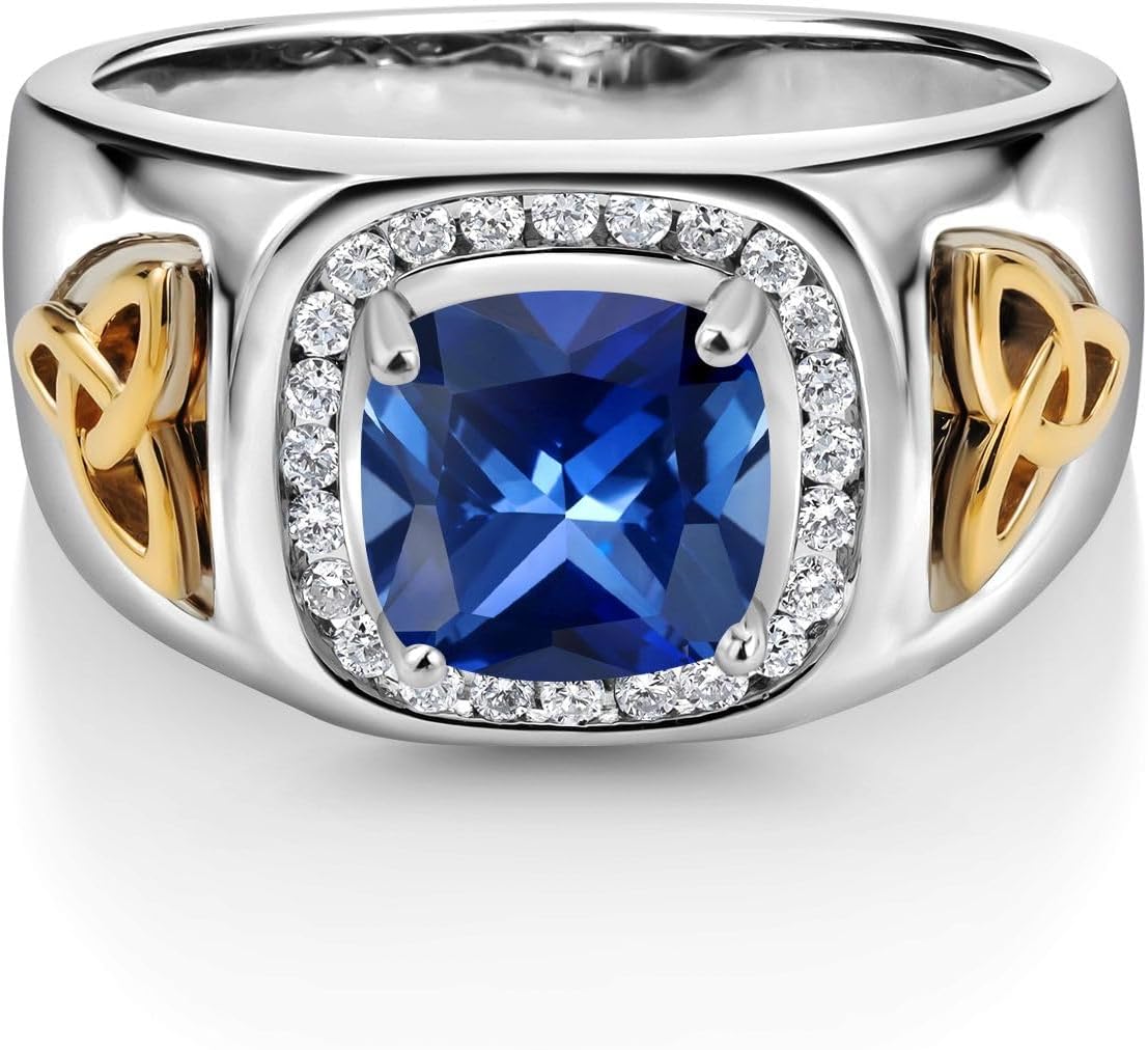 Gem Stone King Men's Customized and Personalized 8MM Cushion Cut Gemstone Birthstone and White Lab Grown Diamond Ring for Men | 925 Sterling Silver and 10K Yellow Gold | 2.76 Cttw | Size 7-13