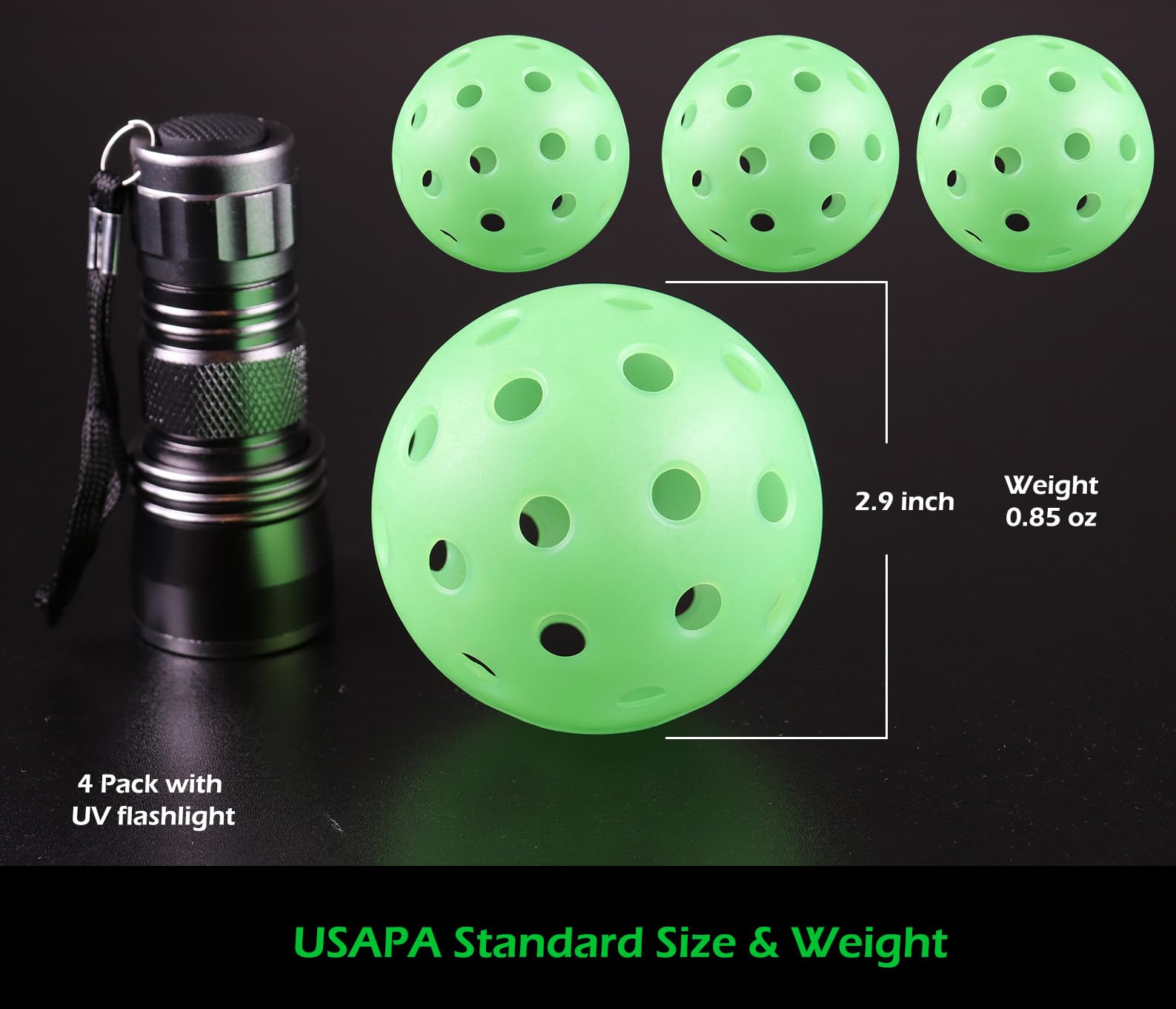 Lot de 4 balles de pickleball phosphorescentes UV vert fluorescent 40 trous norme USAPA durable extérieur