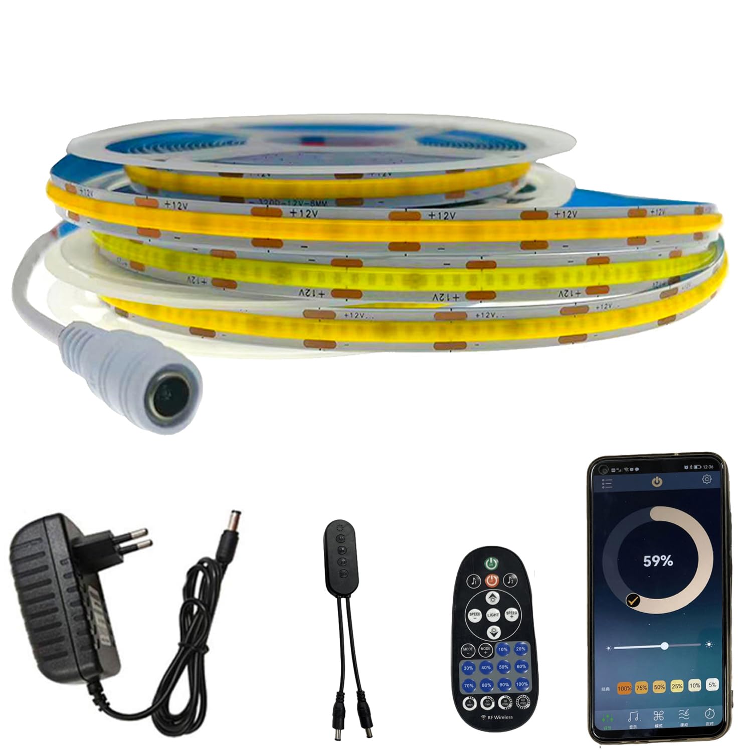 FOLGEMIR COB LED Strip 2 m, Warm White 3000K, Adjustable Light, 8 mm Width, Bluetooth APP Control with RF Remote Control and Power Supply 12V, Self-Adhesive, Linear High Luminescence