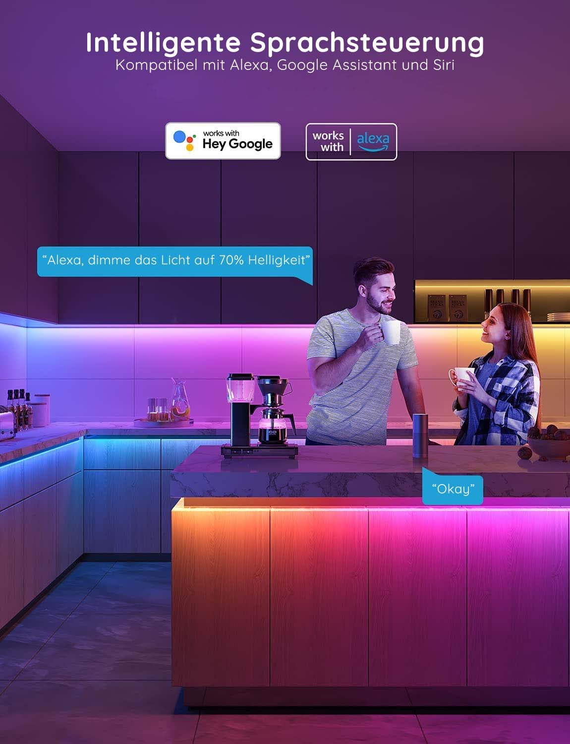 Govee Smart Glühbirne E27 2 Pack und LED Strip 5m, Kompatible mit Matter, Alexa and Google Assistant, DIY Segment Control, App Control, Music Sync