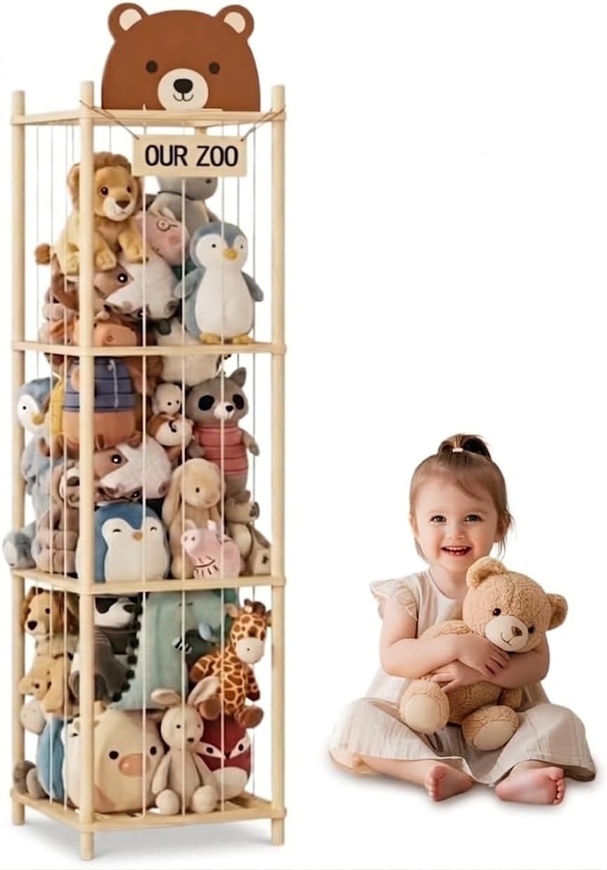 Stuffed Animal Storage Organiser – Wooden Toy Storage Tower with Elastic Cord – Plush Toy Organizer for Kids Room & Toddler Bedroom – Large Stuffed Animal Storage Zoo with Cute Bear Design