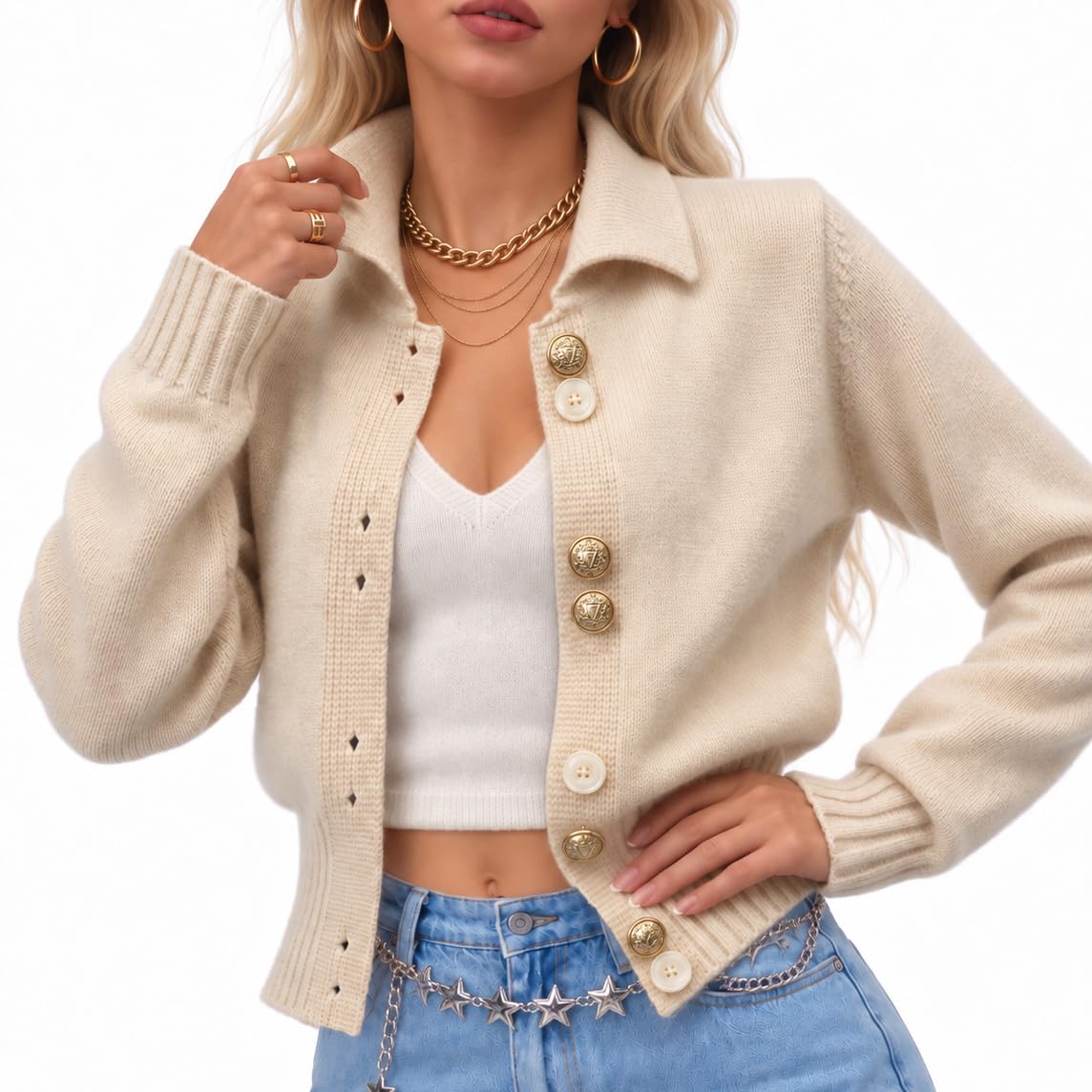 Truwelby Women's Knit Cardigan Polo Collar Gold Button Cropped Sweater 2026 Soft...