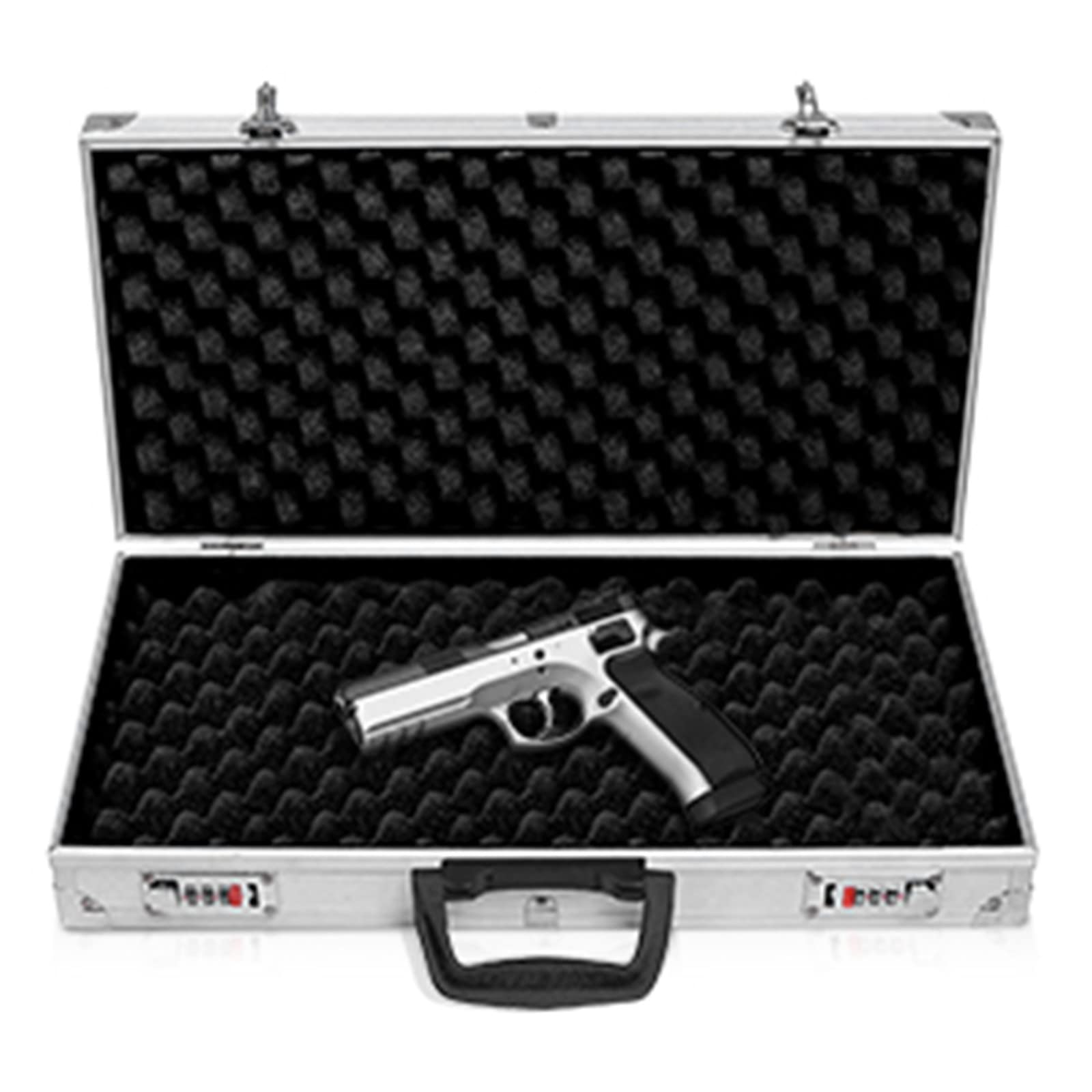 GYMAX Abschließbarer Waffenkoffer mit Schaumstoff, Pistolenkoffer aus Aluminium & ABS, Gewehrkoffer Kurzwaffenkoffer mit Zahlenschloss, für Pistolen, 47 x 25 x 8,3 cm, Silber