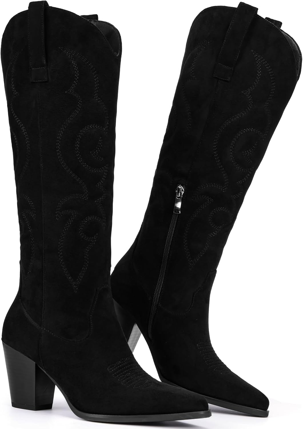 Pasuot Suede Cowboy Boots for Women - Western Knee High Cowgirl Boots with Side Zipper, Retro Pointed Toe Tall Block Heel Pull On Long Boot for Ladies Fall Winter Rodeos Concert Festival Daily - Image 5