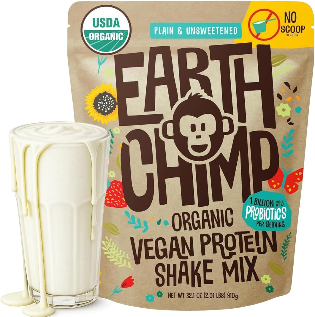 EarthChimp Organic Vegan Protein Powder - with Probiotics - Non GMO, Dairy Free, Non Whey, Plant Based Protein Powder for Women and Men, Gluten Free - 26 Servings 32 Oz (Plain & Unsweetened) No Scoop