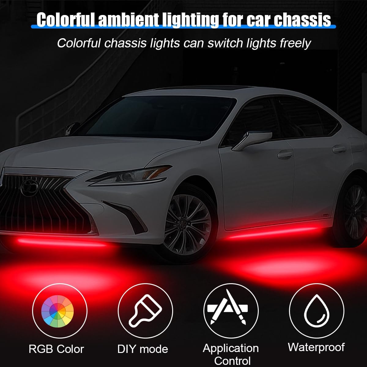 Car Underglow Neon Accent Strip Lights, 4PCS RGB APP Control Vehicle LED Lamp with Sound Active Function Music Mode, Waterproof Auto Exterior Ambient Light, Universal Fit