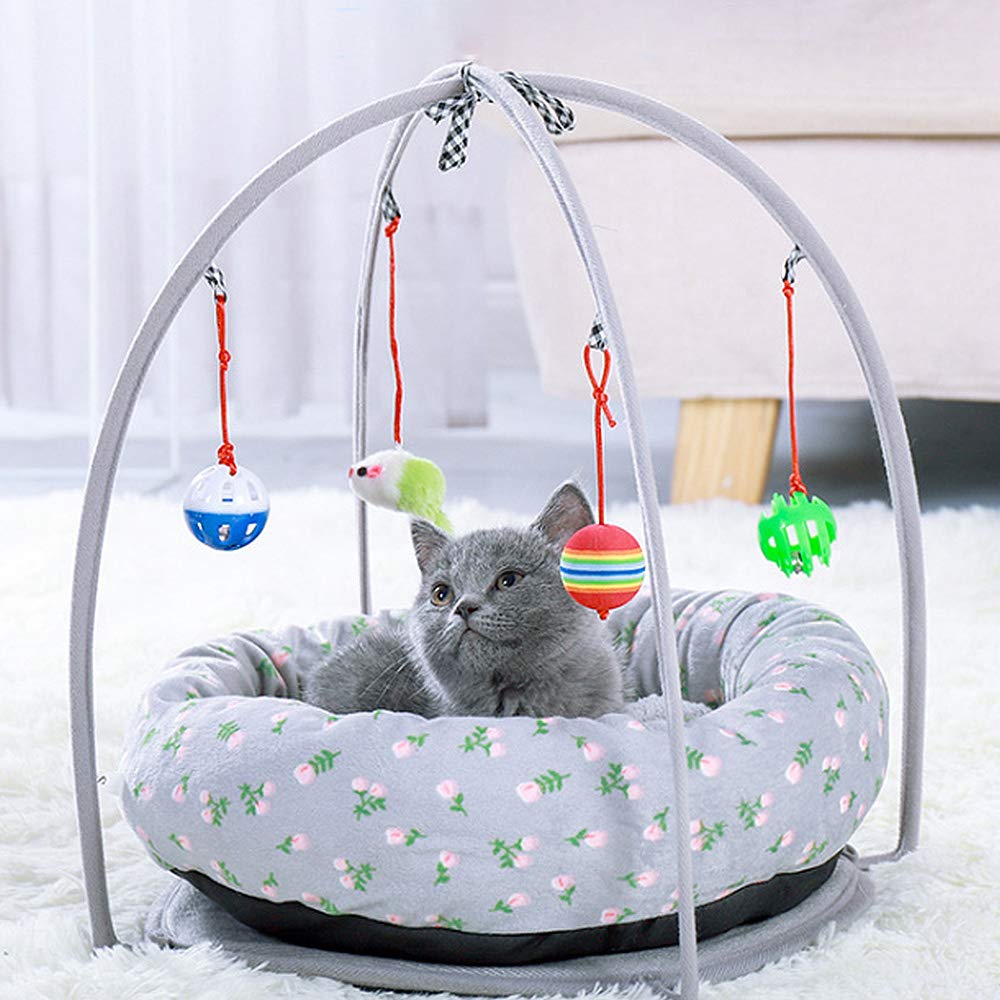 KAY Cat Play Mat Bed with 4 Hanging Toys Bell Balls, Pet Activity